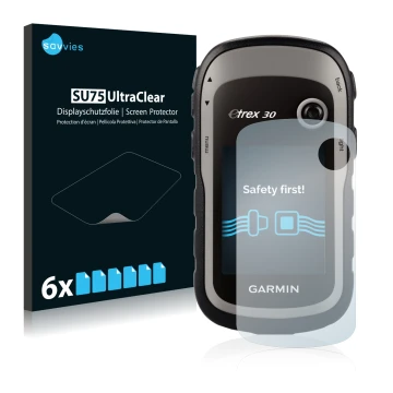 Front side of a product packaging with the brand logo Savvies. Next to it is the device Garmin eTrex 30 shown with the corresp