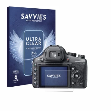 Front side of a product packaging with the brand logo Savvies. Next to it is the device Fujifilm FinePix X-S1 shown with the c