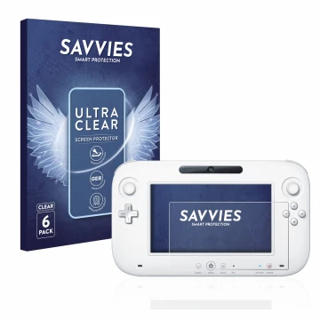 Front side of a product packaging with the brand logo Savvies. Next to it is the device Nintendo Wii U GamePad (Controller) sh
