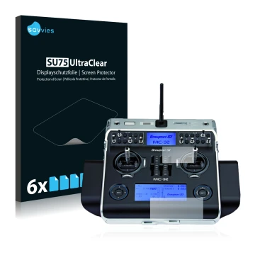 Front side of a product packaging with the brand logo Savvies. Next to it is the device Graupner MC-32 HoTT shown with the cor