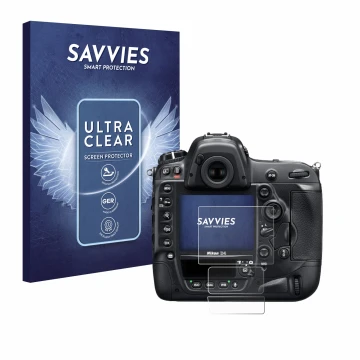 Front side of a product packaging with the brand logo Savvies. Next to it is the device Nikon D4 shown with the corresponding 