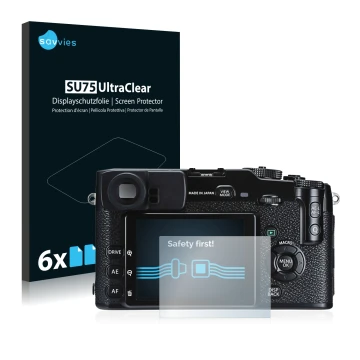 Front side of a product packaging with the brand logo Savvies. Next to it is the device Fujifilm X-Pro1 shown with the corresp