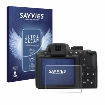 Front side of a product packaging with the brand logo Savvies. Next to it is the device Nikon Coolpix P510 shown with the corr