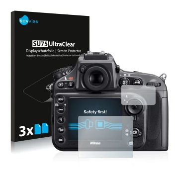 Front side of a product packaging with the brand logo Savvies. Next to it is the device Nikon D800 shown with the correspondin