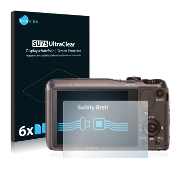 Front side of a product packaging with the brand logo Savvies. Next to it is the device Sony Cyber-Shot DSC-HX20V shown with t