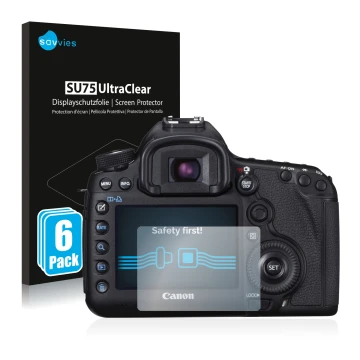 Front side of a product packaging with the brand logo Savvies. Next to it is the device Canon EOS 5D Mark III shown with the c