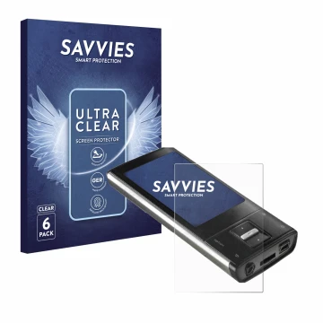 Front side of a product packaging with the brand logo Savvies. Next to it is the device Intenso Video Shooter 2,4