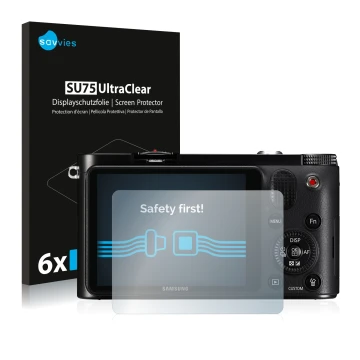 Front side of a product packaging with the brand logo Savvies. Next to it is the device Samsung NX1000 shown with the correspo