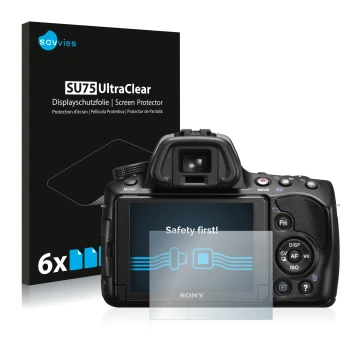 Front side of a product packaging with the brand logo Savvies. Next to it is the device Sony Alpha 37 (SLT-A37) shown with the