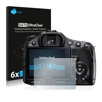 Front side of a product packaging with the brand logo Savvies. Next to it is the device Sony Alpha 57 (SLT-A57) shown with the