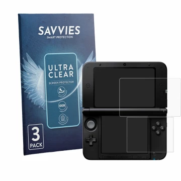 Front side of a product packaging with the brand logo Savvies. Next to it is the device Nintendo 3DS XL SPM7800 shown with the
