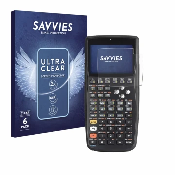 Front side of a product packaging with the brand logo Savvies. Next to it is the device HP 50g F2229AA#UUZ shown with the corr