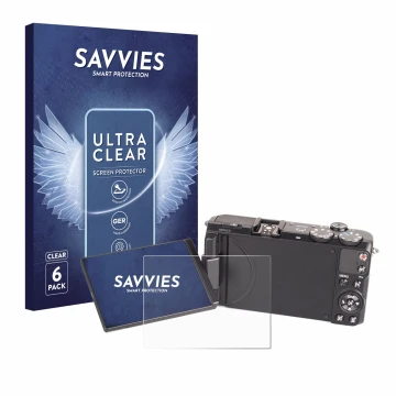 Front side of a product packaging with the brand logo Savvies. Next to it is the device Samsung EX2F shown with the correspond