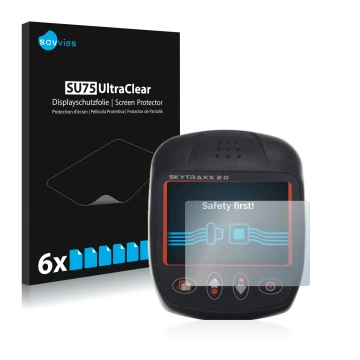 Front side of a product packaging with the brand logo Savvies. Next to it is the device Skytraxx 2.0 Vario shown with the corr