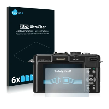 Front side of a product packaging with the brand logo Savvies. Next to it is the device Panasonic Lumix DMC-LX7 shown with the