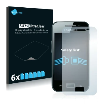Front side of a product packaging with the brand logo Savvies. Next to it is the device Samsung Galaxy Ace S5830i shown with t