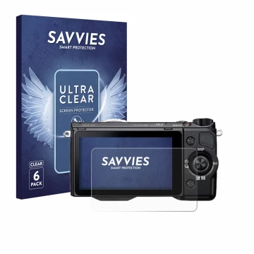 Front side of a product packaging with the brand logo Savvies. Next to it is the device Sony Alpha NEX-5R shown with the corre