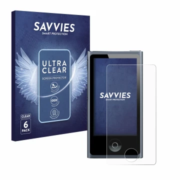 Front side of a product packaging with the brand logo Savvies. Next to it is the device Apple iPod nano 2012 (7th Gen.) shown 