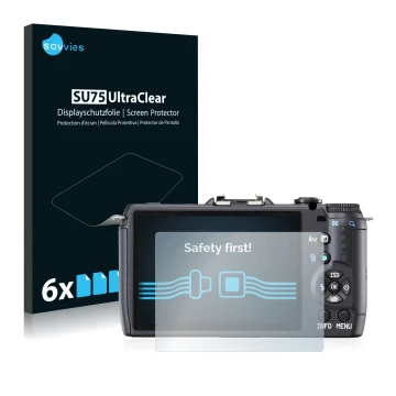 Front side of a product packaging with the brand logo Savvies. Next to it is the device Pentax Q10 shown with the correspondin