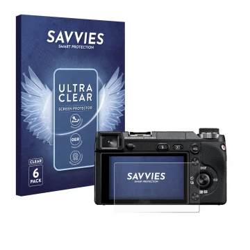 Front side of a product packaging with the brand logo Savvies. Next to it is the device Sony Alpha NEX-6 shown with the corres