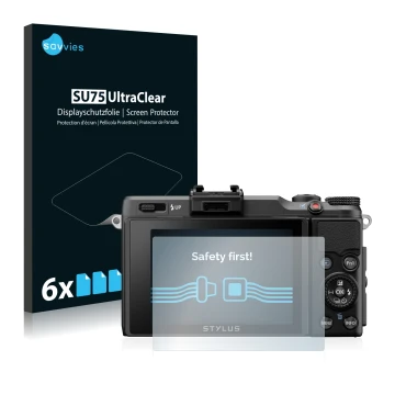 Front side of a product packaging with the brand logo Savvies. Next to it is the device Olympus Stylus XZ-2 shown with the cor