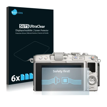 Front side of a product packaging with the brand logo Savvies. Next to it is the device Olympus PEN Lite E-PL5 shown with the 