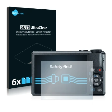 Front side of a product packaging with the brand logo Savvies. Next to it is the device Canon PowerShot S110 shown with the co