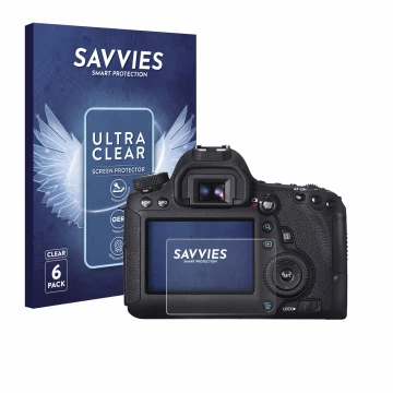 Front side of a product packaging with the brand logo Savvies. Next to it is the device Canon EOS 6D shown with the correspond