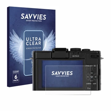 Front side of a product packaging with the brand logo Savvies. Next to it is the device Leica D-Lux 6 shown with the correspon