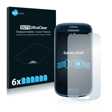 Front side of a product packaging with the brand logo Savvies. Next to it is the device Samsung Galaxy S3 Mini I8190 shown wit