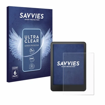 Front side of a product packaging with the brand logo Savvies. Next to it is the device Amazon Kindle Paperwhite 2012 shown wi