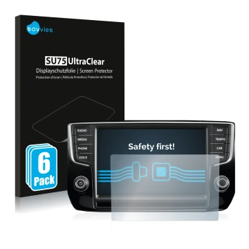 Front side of a product packaging with the brand logo Savvies. Next to it is the device Volkswagen Passat 2015 Discover Pro 8