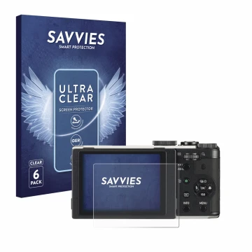 Front side of a product packaging with the brand logo Savvies. Next to it is the device Pentax MX-1 shown with the correspondi