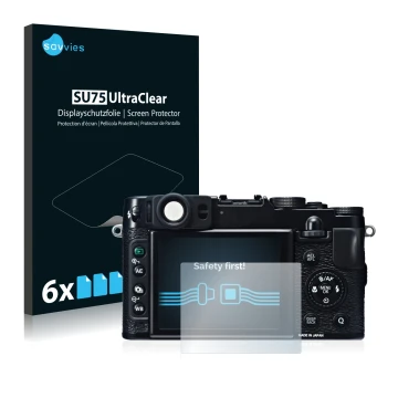 Front side of a product packaging with the brand logo Savvies. Next to it is the device Fujifilm X20 shown with the correspond