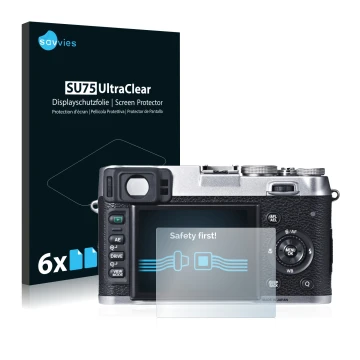 Front side of a product packaging with the brand logo Savvies. Next to it is the device Fujifilm X100S shown with the correspo