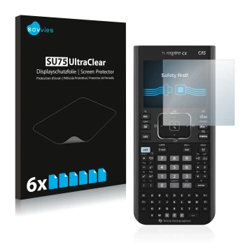 Front side of a product packaging with the brand logo Savvies. Next to it is the device Texas Instruments Nspire CX CAS shown 