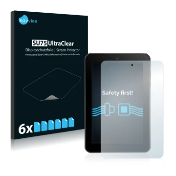 Front side of a product packaging with the brand logo Savvies. Next to it is the device Alcatel One Touch Tab 7 HD shown with 