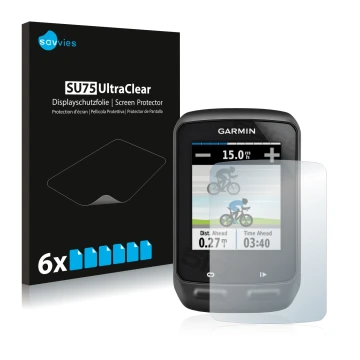 Front side of a product packaging with the brand logo Savvies. Next to it is the device Garmin Edge 510 shown with the corresp