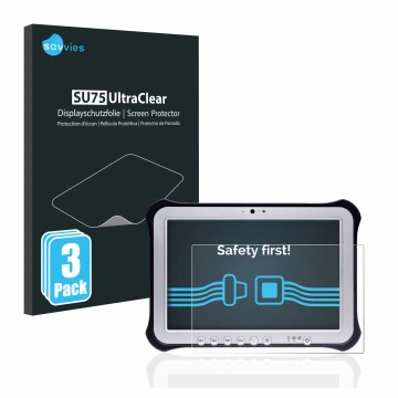 Front side of a product packaging with the brand logo Savvies. Next to it is the device Panasonic Toughpad FZ-G1 shown with th