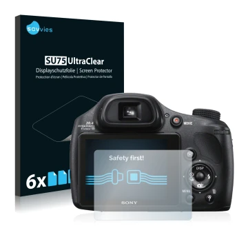 Front side of a product packaging with the brand logo Savvies. Next to it is the device Sony Cyber-Shot DSC-HX300 shown with t