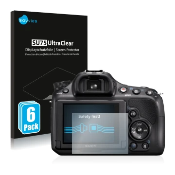 Front side of a product packaging with the brand logo Savvies. Next to it is the device Sony Alpha 58 (SLT-A58) shown with the