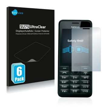 Front side of a product packaging with the brand logo Savvies. Next to it is the device Nokia 301 shown with the corresponding