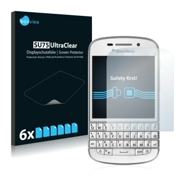 Front side of a product packaging with the brand logo Savvies. Next to it is the device BlackBerry Q10 shown with the correspo
