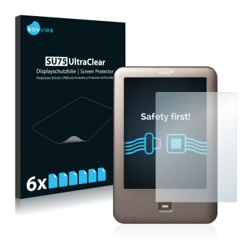 Front side of a product packaging with the brand logo Savvies. Next to it is the device Tolino Shine shown with the correspond