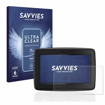Front side of a product packaging with the brand logo Savvies. Next to it is the device TomTom Start 20 M Europe Traffic shown