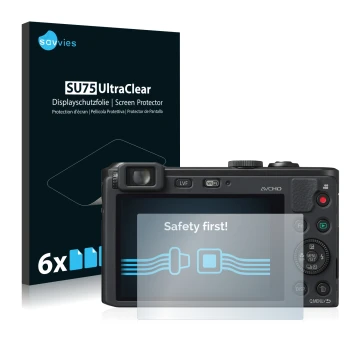 Front side of a product packaging with the brand logo Savvies. Next to it is the device Panasonic Lumix DMC-LF1 shown with the