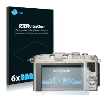 Front side of a product packaging with the brand logo Savvies. Next to it is the device Olympus PEN E-PL6 shown with the corre