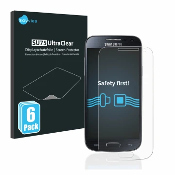 Front side of a product packaging with the brand logo Savvies. Next to it is the device Samsung Galaxy S4 Mini shown with the 