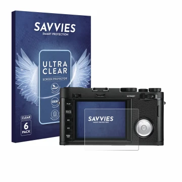 Front side of a product packaging with the brand logo Savvies. Next to it is the device Leica X Vario shown with the correspon