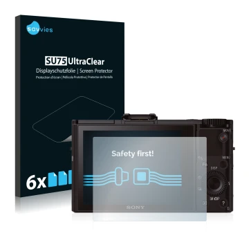 Front side of a product packaging with the brand logo Savvies. Next to it is the device Sony Cyber-Shot DSC-RX100 II shown wit